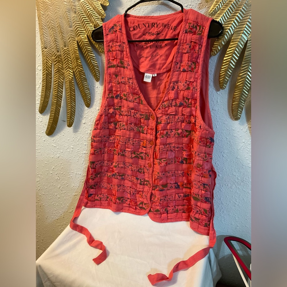 Country Wear Casuals woven Vest Patchwork floral basket weave tie back